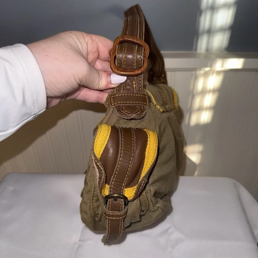VTG GAP Jeans 1969 Hobo Buckle Shoulder Bag Brown Yellow Leather Canvas Purse